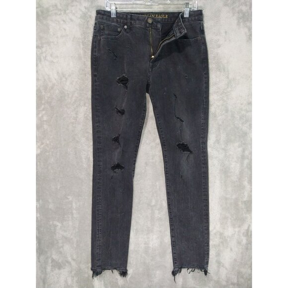 American Eagle Jeans Mens 30x34 Black Denim Slim Distressed Extreme Flex 4 - Picture 1 of 9